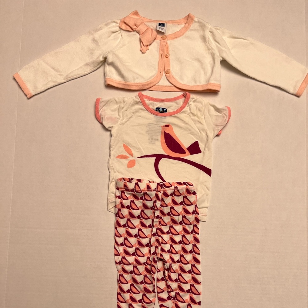 Girls outfit including shirt, pants and cropped sweater.